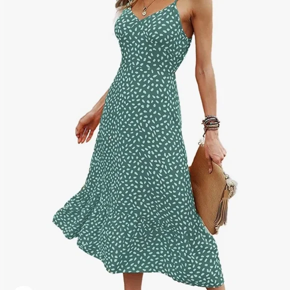 ZAPAKA Women Spaghetti Straps Print Midi Summer Dress Green Sleeveless Boho Dress, Green / S ZAPAKA Women Spaghetti Straps Print Midi Summer Dress Green Sleeveless Boho Dress, Green / S
